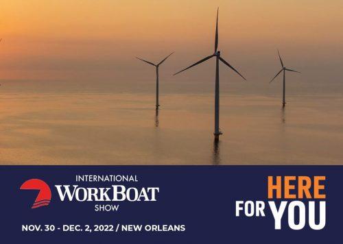 Ad for WorkBoat show. Three offshore windmills.