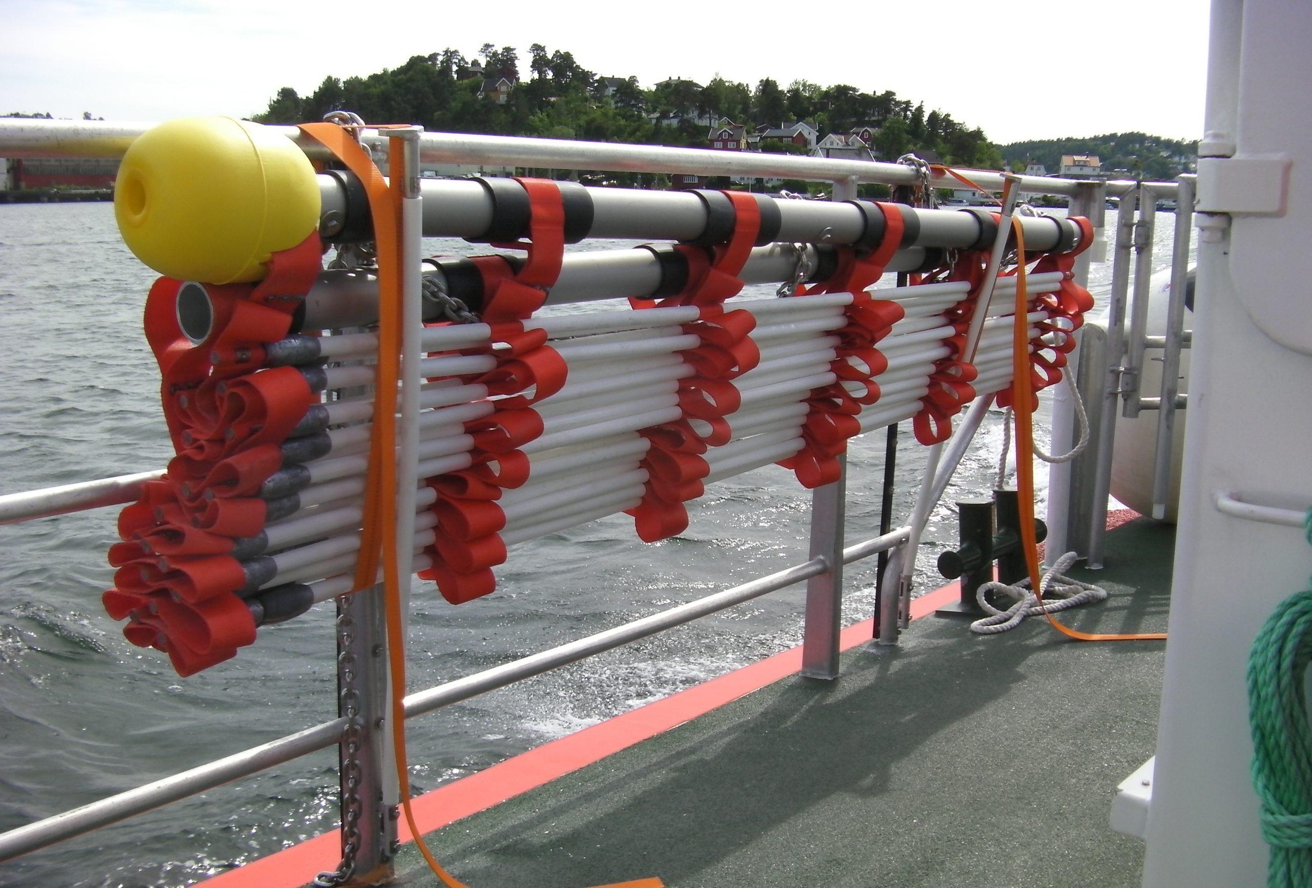 Rescue net installed on the railing onboard a vessel.